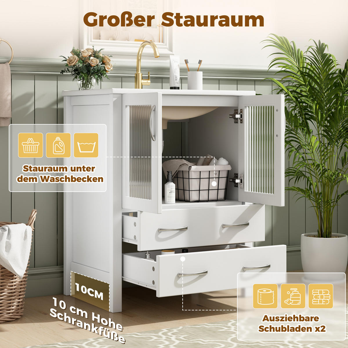 BADEZIMMERSCHRANK Hochglanz Weiß Keramik Waschbecken Glas Türen 61cm - Weiß, Keramik (61/86/47cm) - FLIEKS