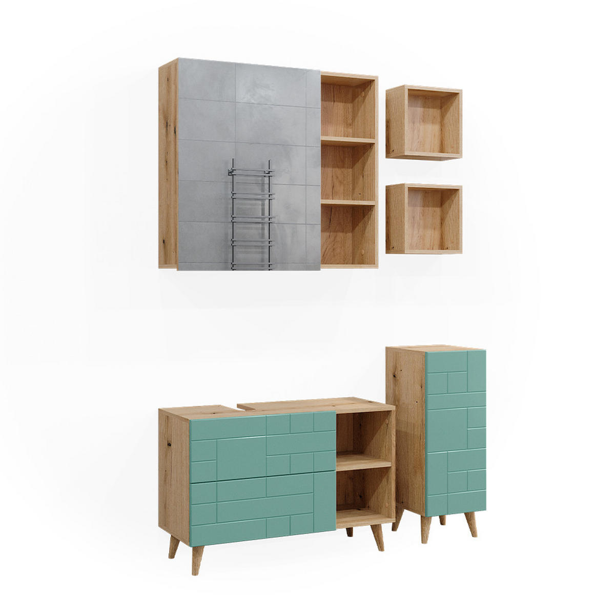 BADMÖBEL-SET Rudi Mintgrün 5 Teile - Eichefarben/Mintgrün, Holzwerkstoff (90/59/32cm) - Vicco