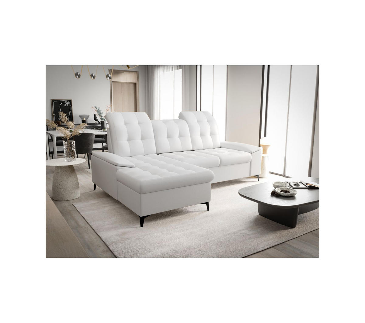 ECKSOFA KONGO RBN18, Eckcouch in L-Form mit Schlaffunktion, Farbe: Weiß, Kunstleder, Ottomane Links - Weiß, Textil (257/172cm) - O-Sofa