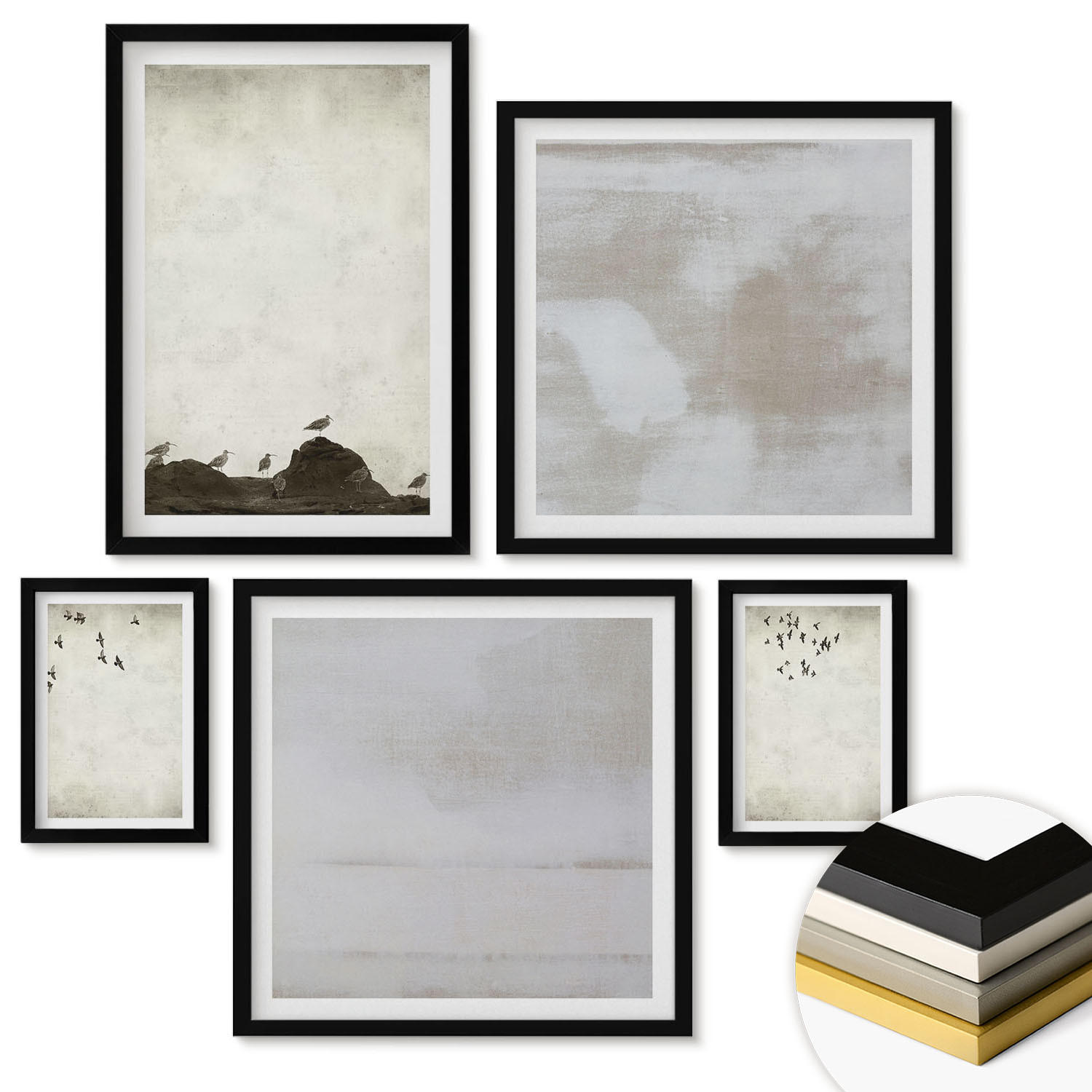 WANDBILDER 5er-Set - 50x50 cm & 20x30 cm & 40x60 cm Schwarzer Rahmen - Textur eines Vogelschwarms - Schwarz, Kunststoff (40/60cm) - ArtPrintCave