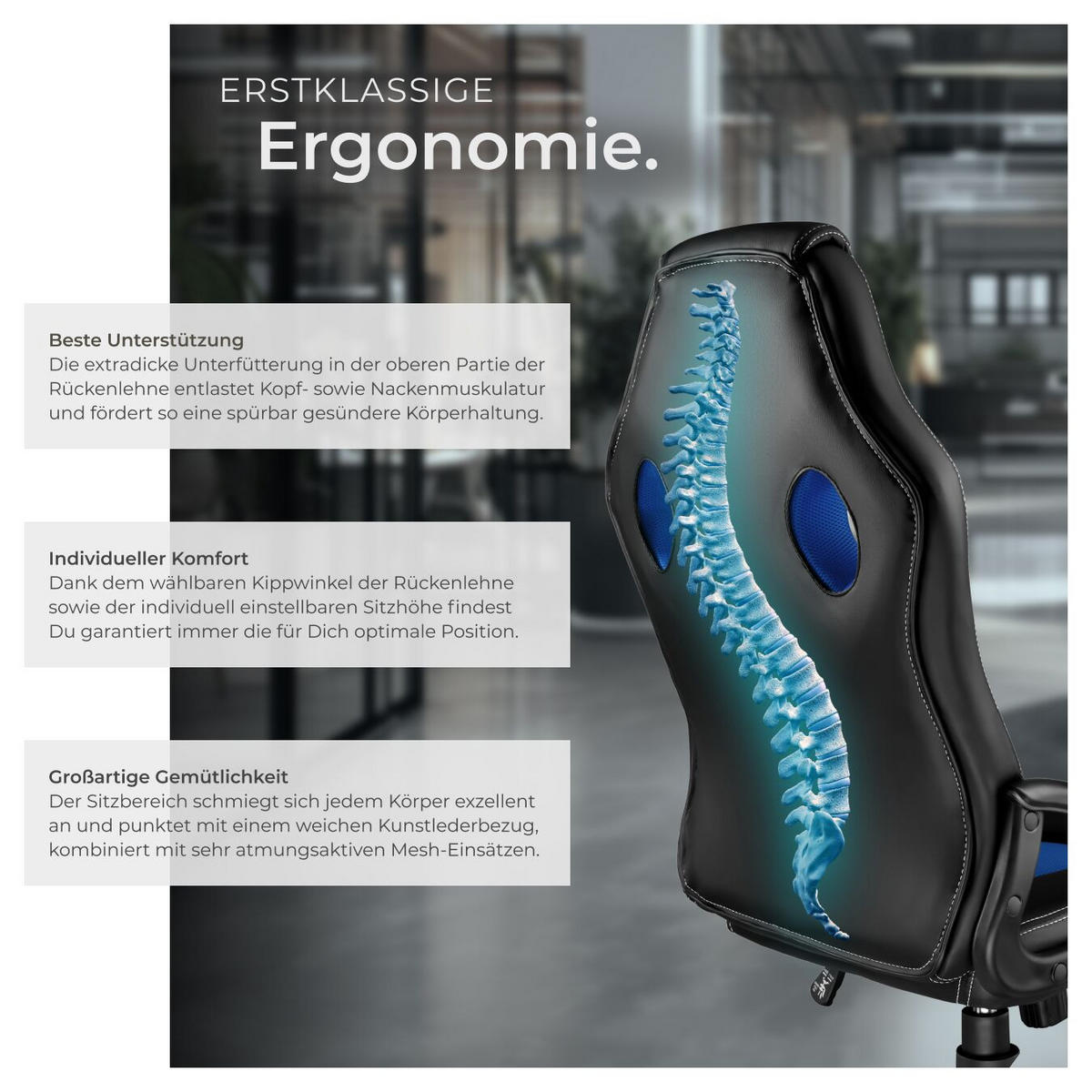 BÜROSTUHL Tyson,Belastbarkeit 120 kg,schwarz/blau - Blau/Schwarz, Textil (65/121.5/66cm) - tectake