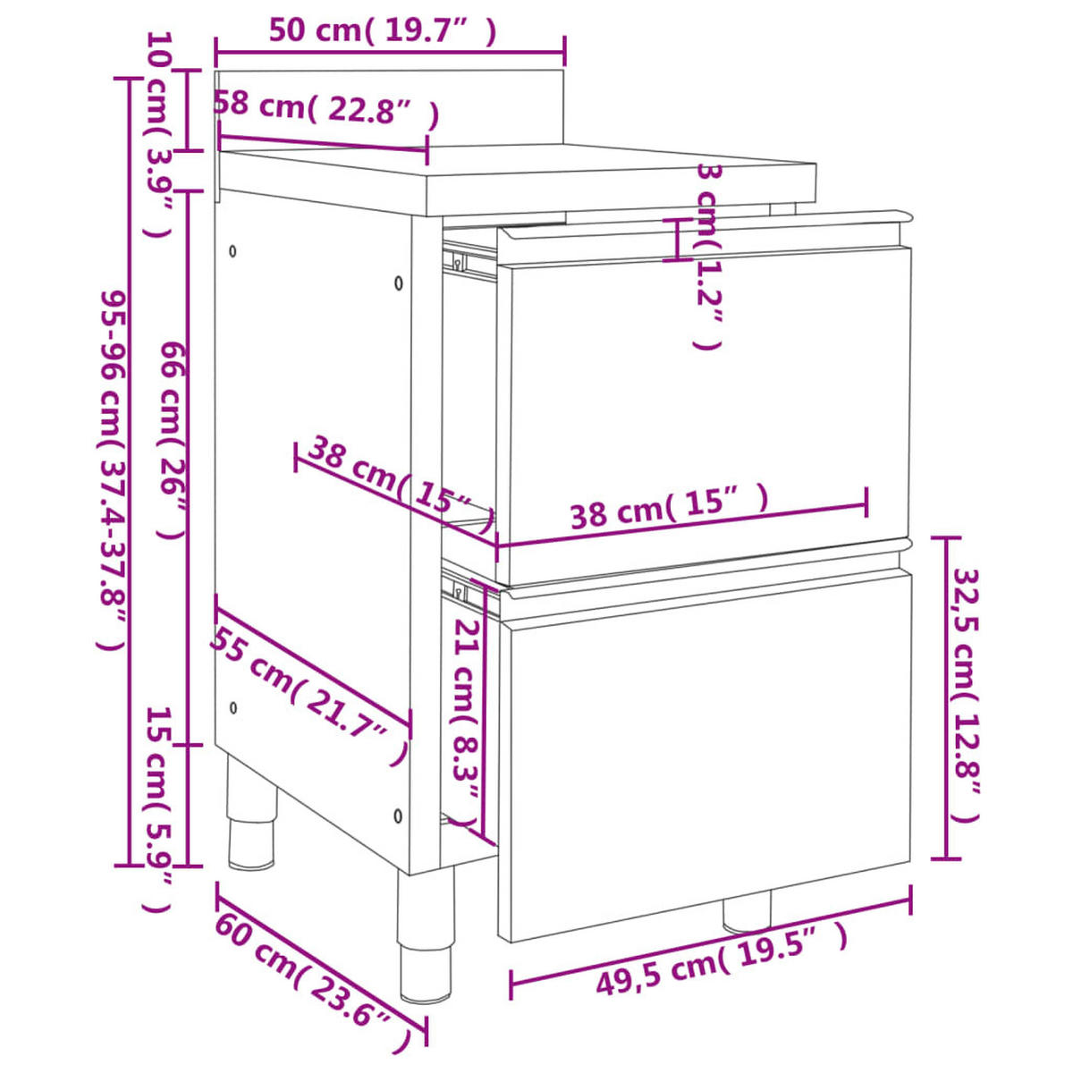 KÜCHENSCHRANK Gewerbe Mit 2 Schubladen 50/60/96 Cm - Silberfarben, Metall (60/96/50cm) - vidaXL