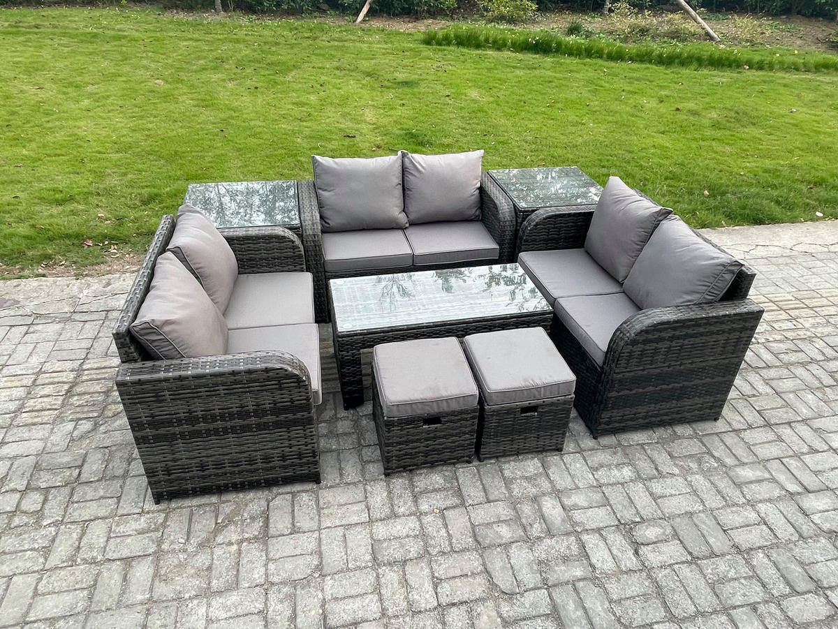 GARTENSOFA SET mit rechteckigem COUCHTISCH Polyrattan 8-Sitzer Dunkelgrau - Dunkelgrau/Grau, Glas/Kunststoff - Fimous
