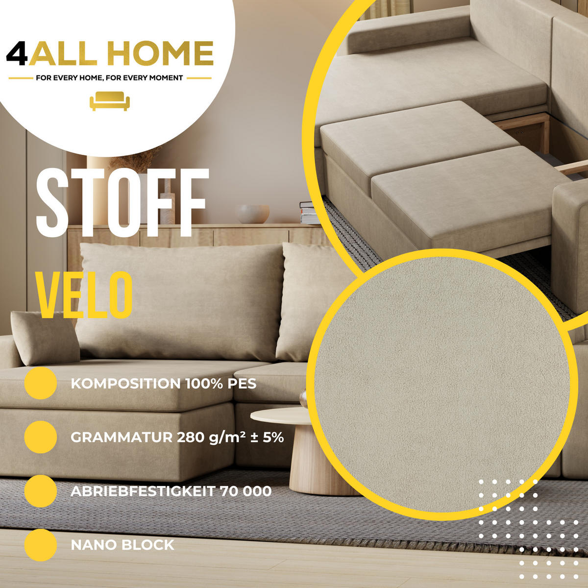 ECKSOFA Paco mit Bettkasten und Schlaffunktion, L-Form/XL-Form, Velourstoff, Universal - Beige, Holzwerkstoff (276/145cm) - 4ALL HOME
