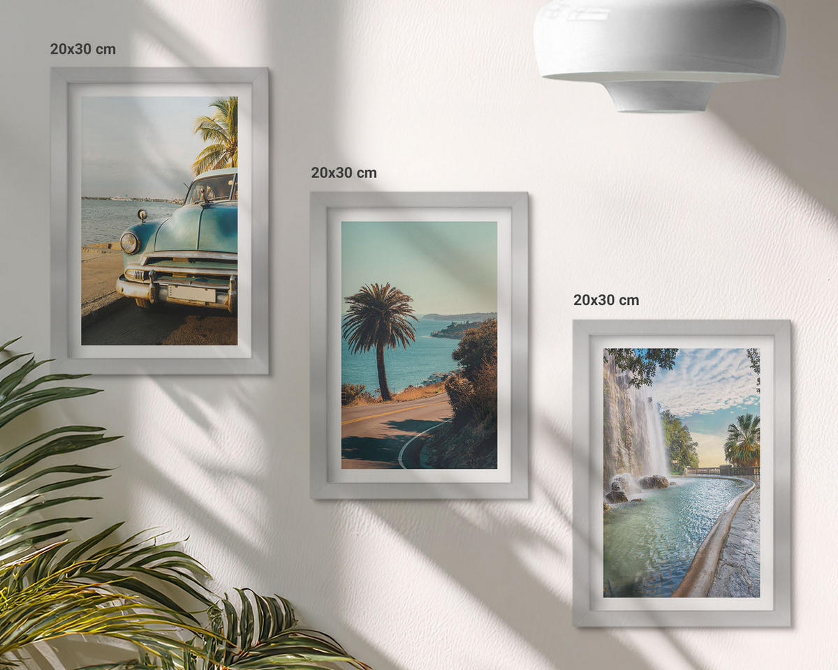 WANDBILDER 3er Set - 20x30 cm Silberner Rahmen - Urlaub Palmen Wasserfall - Silberfarben, Kunststoff (20/30cm) - ArtPrintCave