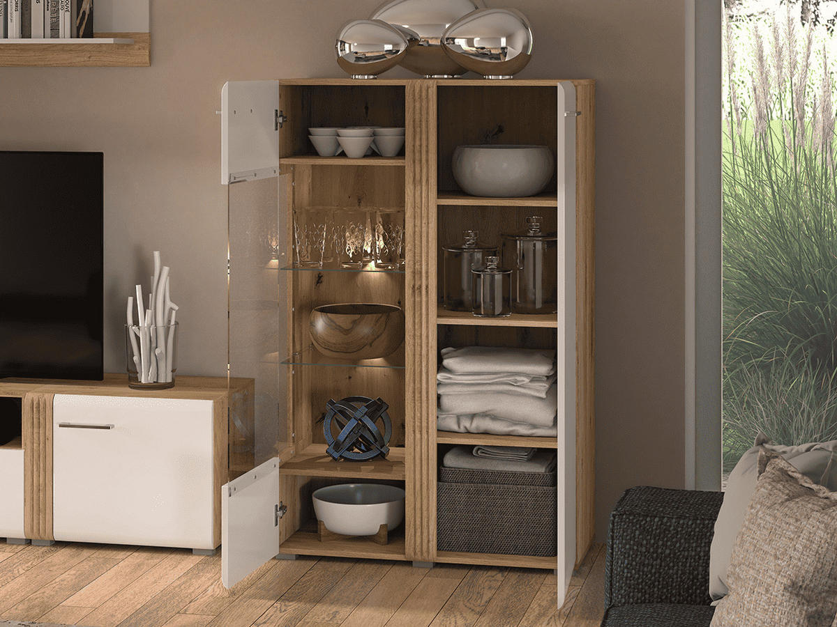 VITRINE – 92 cm – Adagio – Weiß / Eichefarben – Anschlag rechts – VT-GEN148 - Eichefarben/Weiß, Holzwerkstoff (92/143/42cm) - hi-markt