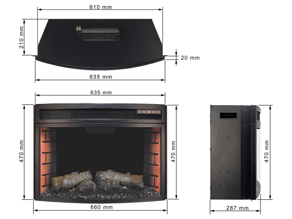 EINBAU-ELEKTROKAMINEINSATZ AF25 Panoramic – Breite 66 cm, gebogenes Panoramaglas, 3D-Flammeneffekt, Heizfunktion - Schwarz, Glas/Metall (66/47/28.7cm) - ArtiFlame