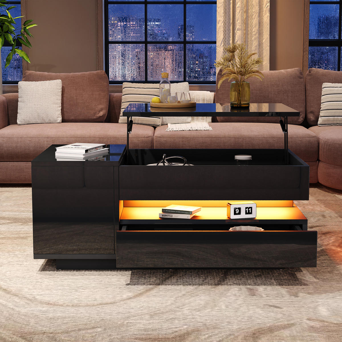 COUCHTISCH DE-195 Schwarz mit Hebefunktion und LED - Schwarz, Holzwerkstoff (50/95/40cm) - ComfortXL