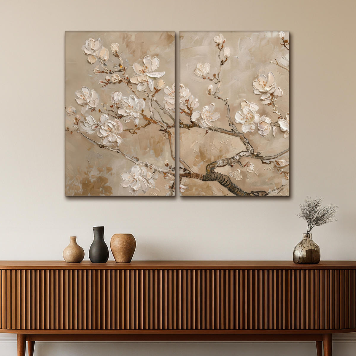 LEINWANDBILD 2er Set Beige - Blüte - Modern 120x90 cm - Greige, Textil (120/90cm) - MuchoWow