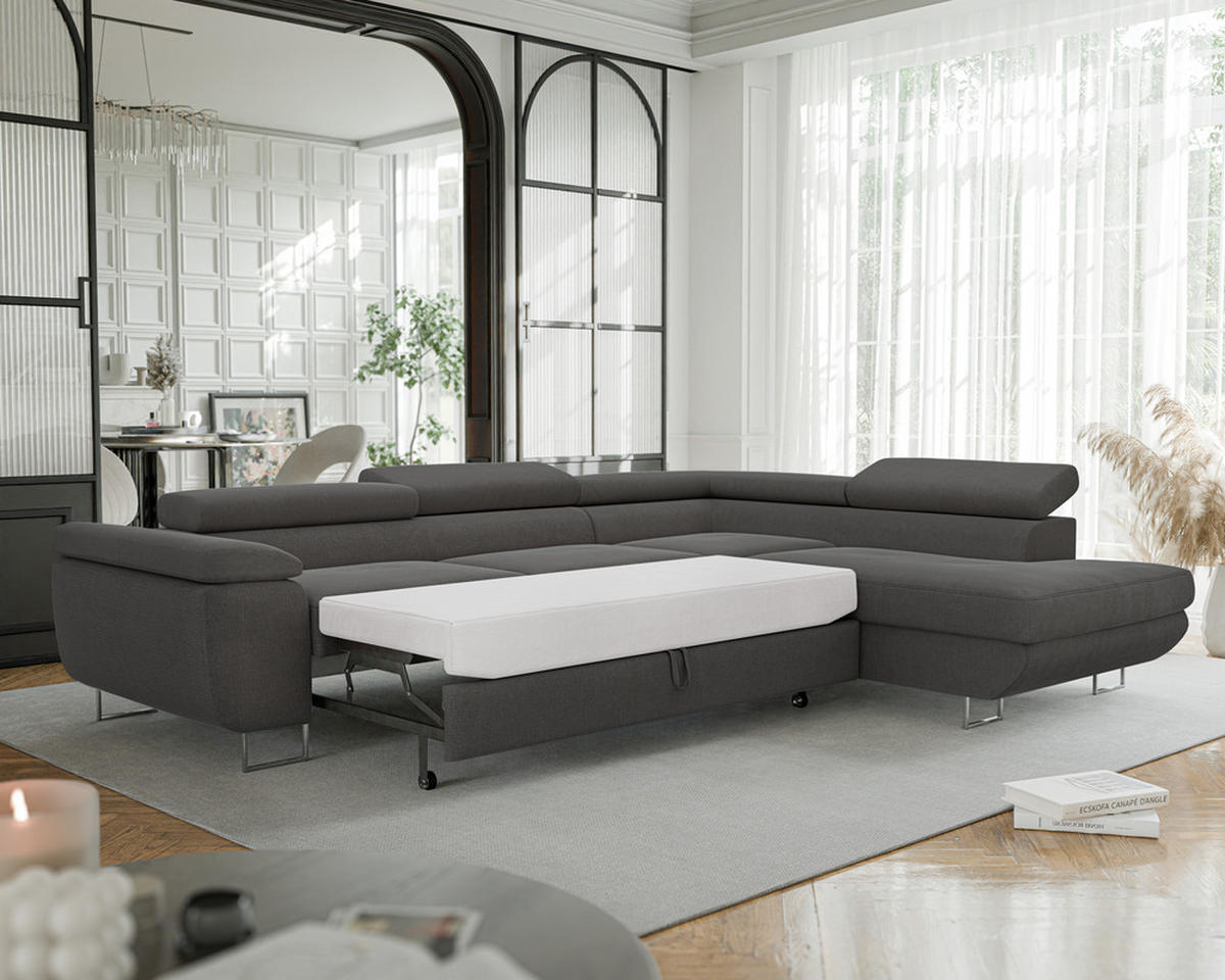 ECKSOFA ANTON mit Schlaffunktion und Bettkasten Anthrazit - Anthrazit, Holzwerkstoff/Kunststoff (274/203cm) - Idohome