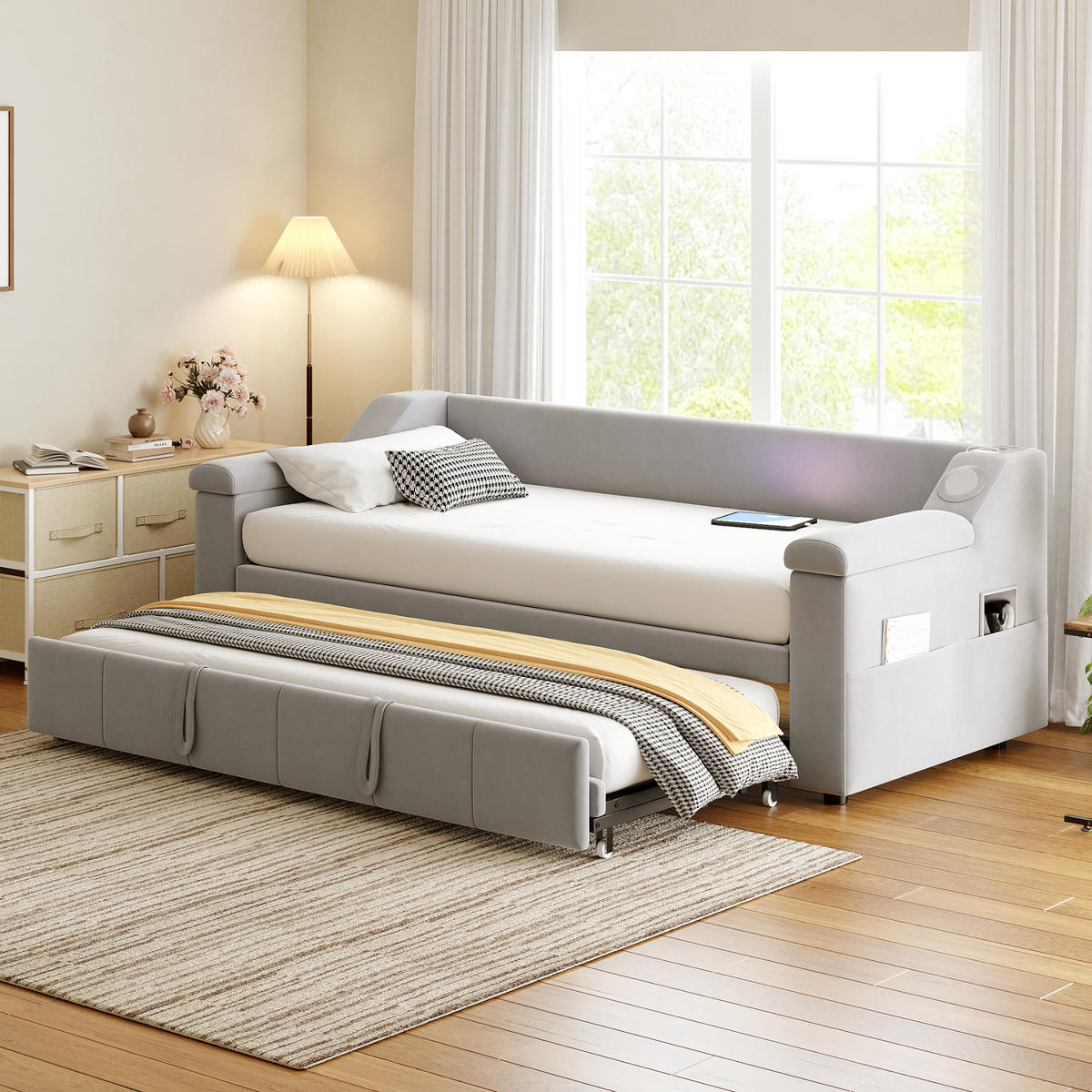 POLSTERBETT 90/180X190 cm Mit USB-Ladeanschluss in Samtstoff，Hellgrau - Hellgrau, Textil (90/190cm) - KOMHTOM