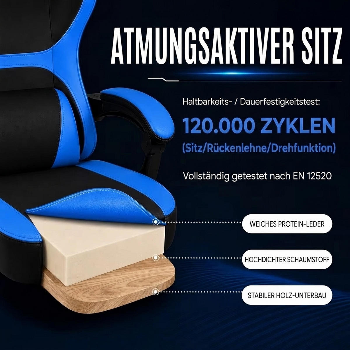 GAMING-STUHL schwarz-blau ergonomisch mit ausziehbarer Fußstütze, Nacken- und Lendenkissen, höhenverstellbar - Blau, Leder (54/116/61cm) - BRILVERDE