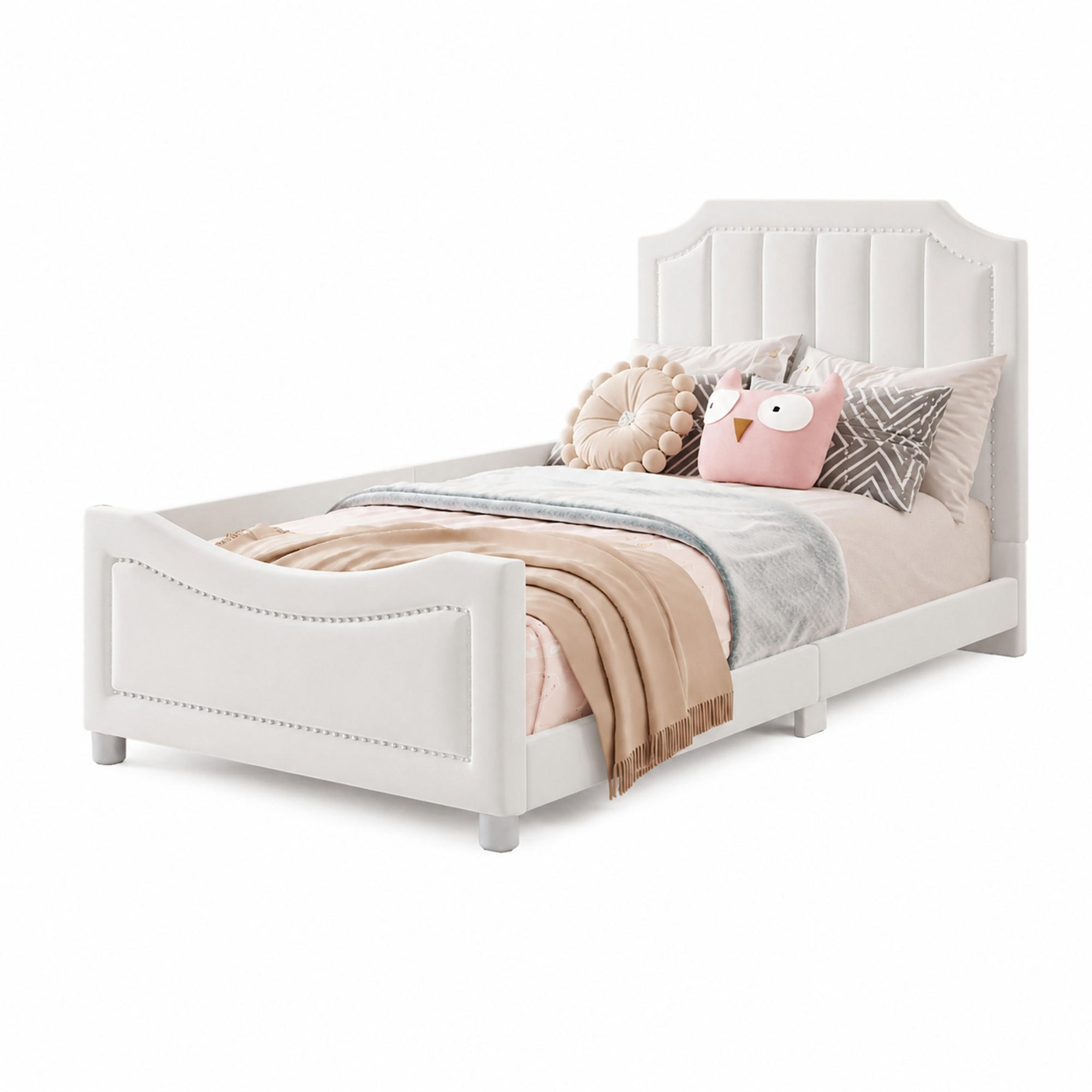 KINDERBETT 90/200 mit Rückenlehne, Armlehne und Lattenrost aus Flanell in Beige - Beige, Holzwerkstoff/Textil (90/200cm) - EVRYAE