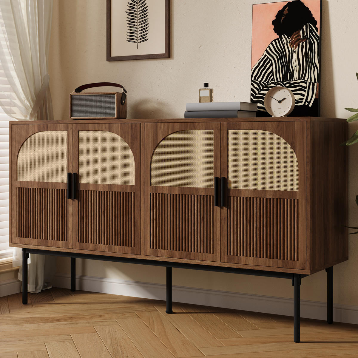 KOMMODE 140/40/80 cm mit 4 Türen und Soft-Close im Rattan-Look - Naturfarben, Holzwerkstoff (140/80/40cm) - BEAOK