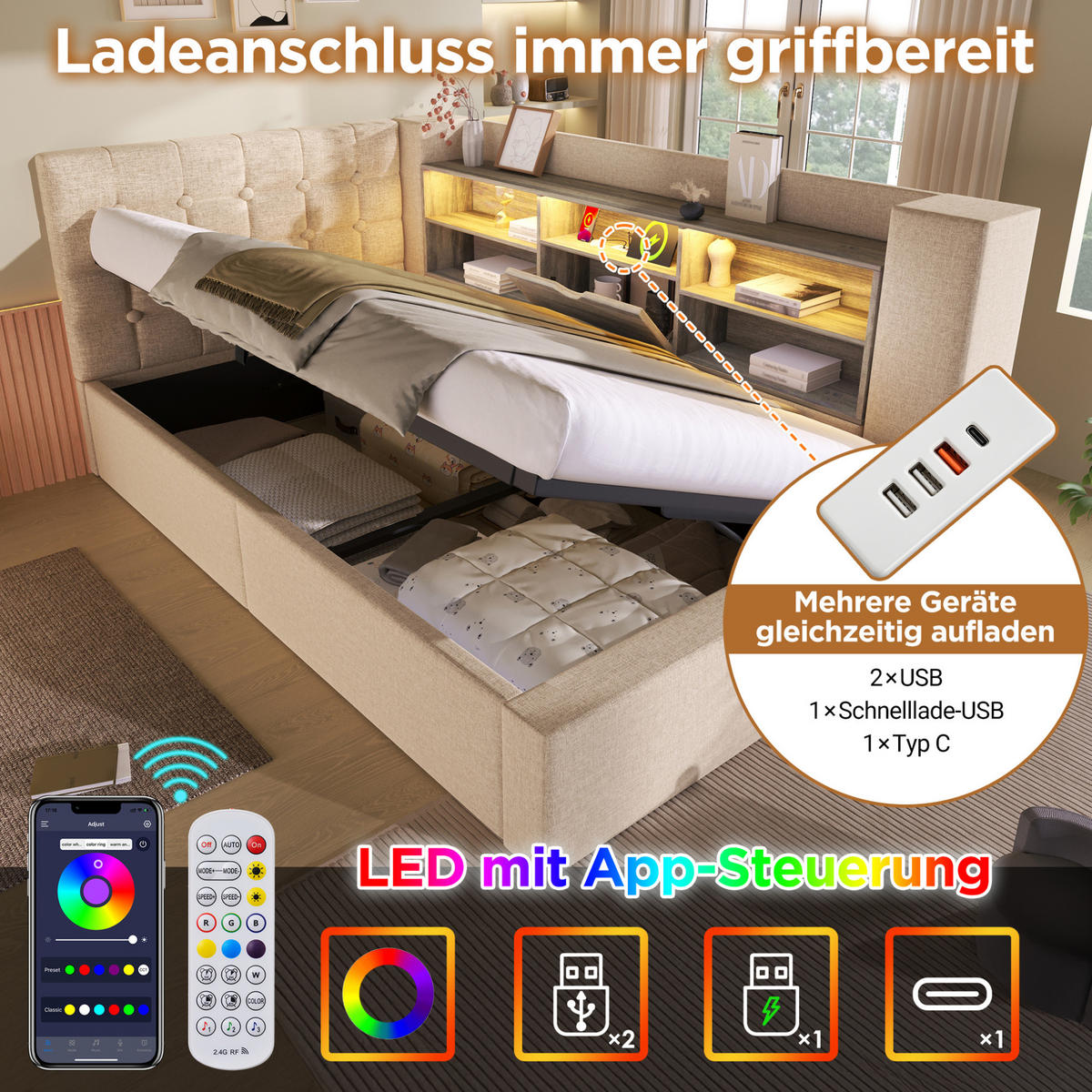 POLSTERBETT 140/190 cm Beige mit Stauraum, LED-Beleuchtung und USB-Anschlüssen - Beige, Textil (140/190cm) - Flora Grace