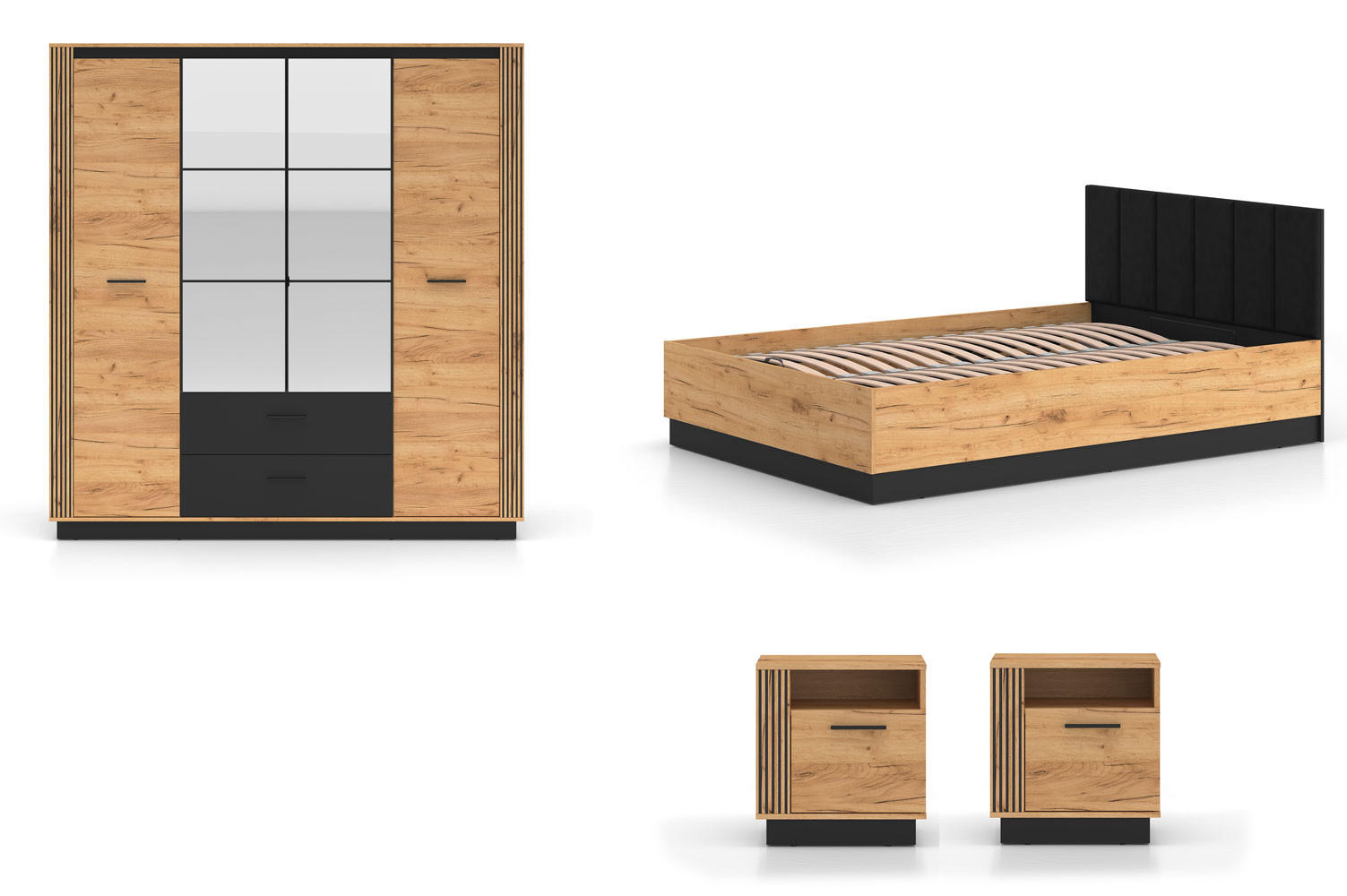 SCHLAFZIMMER-SET 4-teilig Urso Gold Craft Eiche / Schwarz - Schwarz/Braun, Holz/Holzwerkstoff (140/200cm) - Feldmann-Wohnen