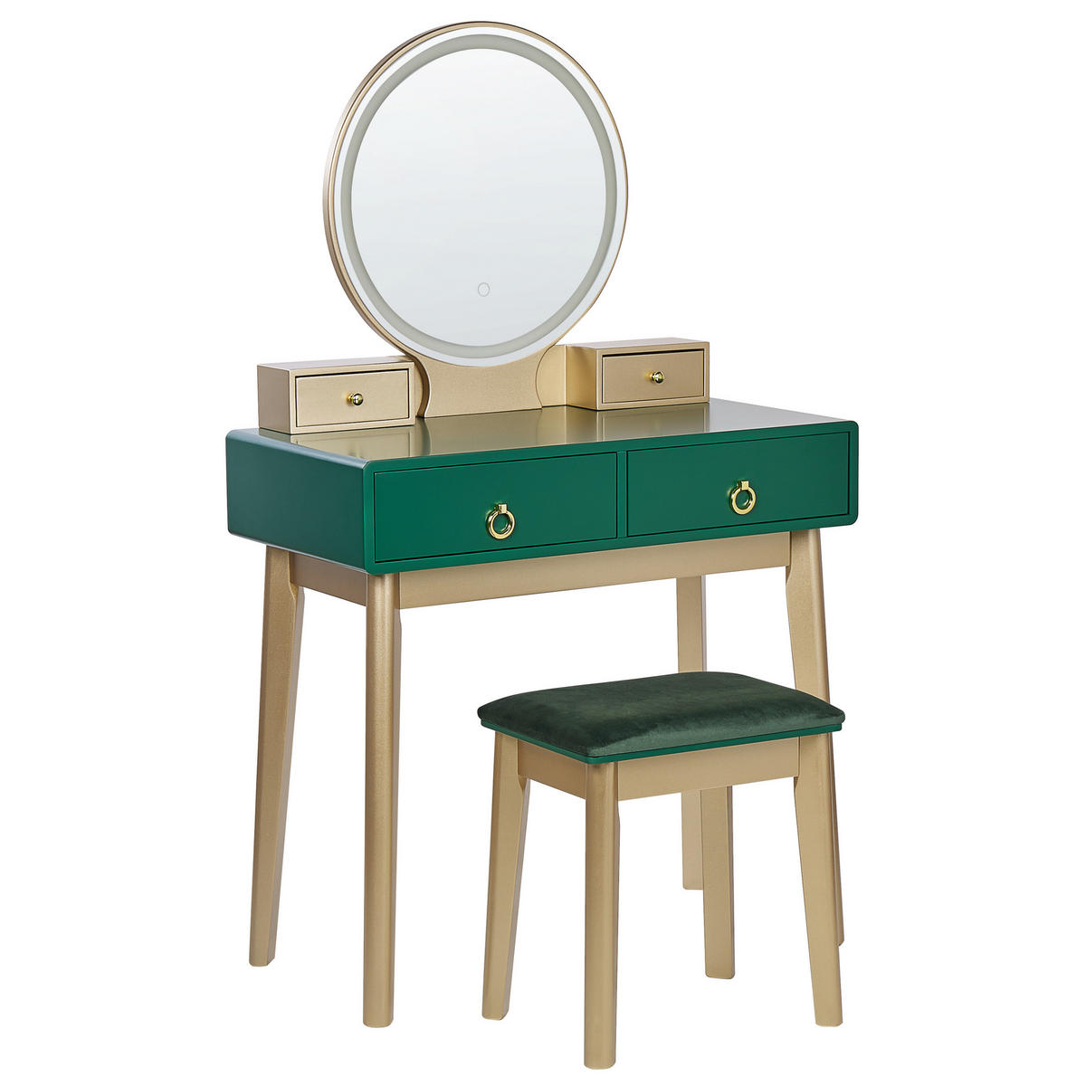 SCHMINKTISCH mit rundem LED-Spiegel Hocker 4 Schubladen grün/gold Fedry - Goldfarben/Grün, Holzwerkstoff (80/134/40cm) - Beliani