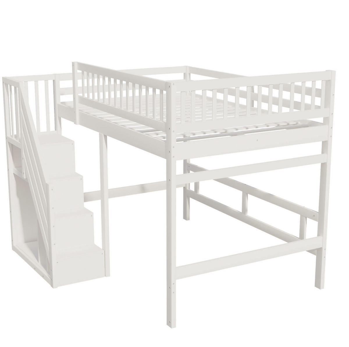 KINDERBETT 140/200 cm, weiß mit Stauraumtreppe und hohem Geländer - Weiß, Holz (140/200cm) - MIVRAY