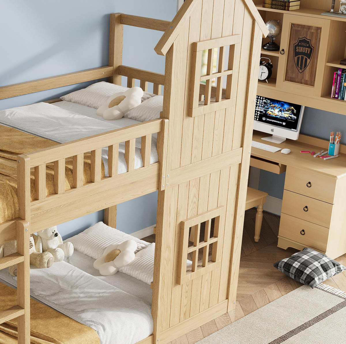 ETAGENBETT 90/200 cm aus Holz mit Treppe, Fenster, Natur - Naturfarben, Holz (90/200cm) - OKMYHOME