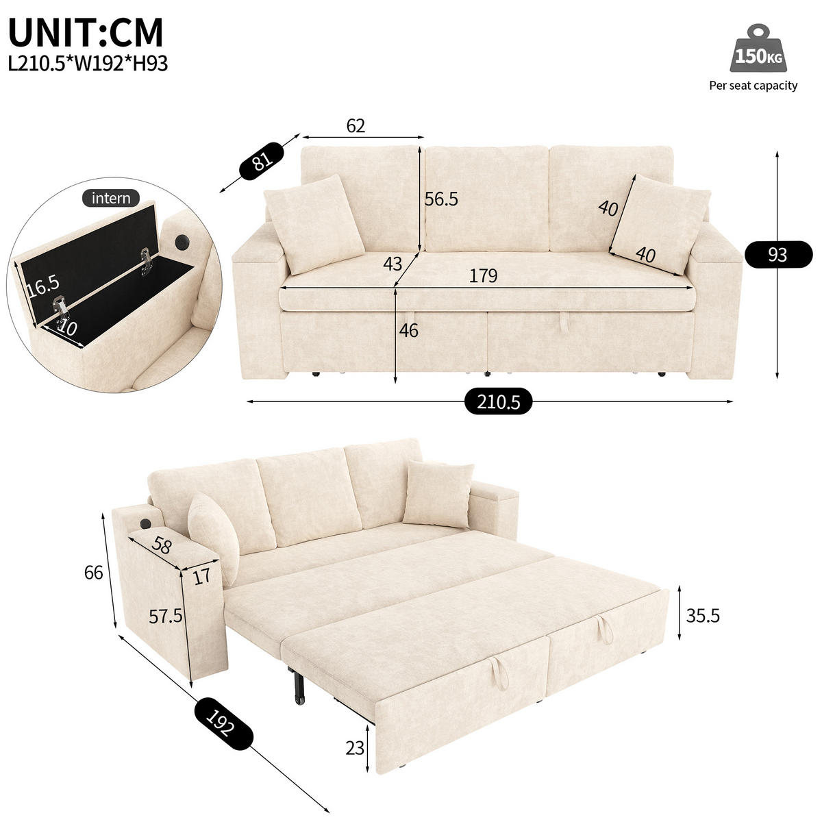 SCHLAFSOFA mit Schlaffunktion, Stauraum, USB & Type-C in Beige - Beige, Textil (210.5/93/192cm) - EVRYAE