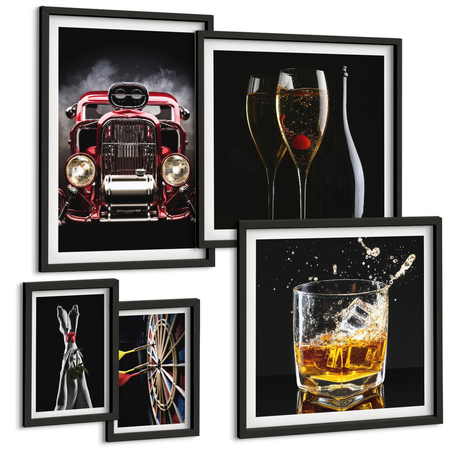 BILDER SET 5er Set - 50x50 cm & 20x30 cm & 40x60 cm Schwarzer Rahmen - Frauenbeine Rosenwagen Wein - Schwarz, Kunststoff (40/60cm) - TULUP