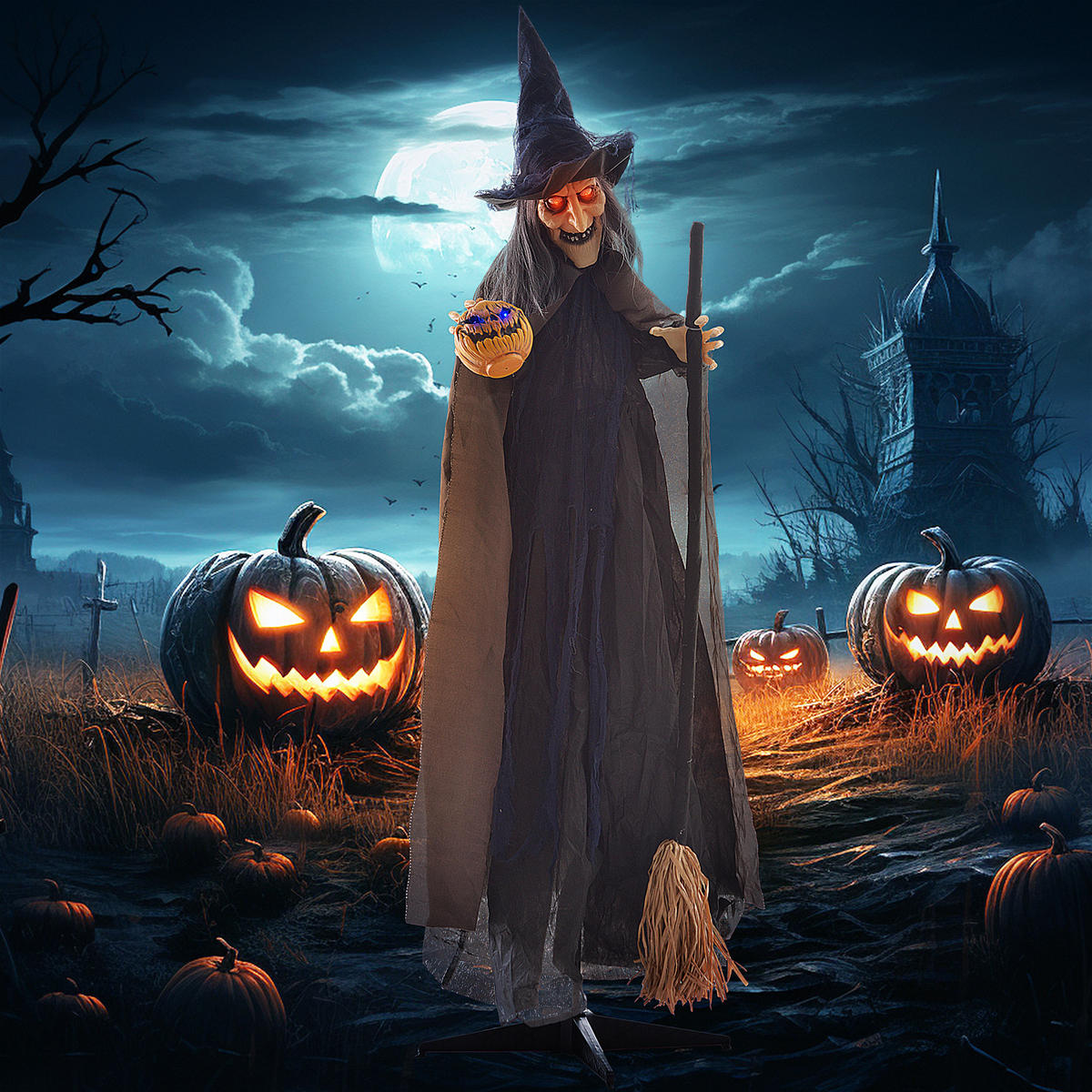 190CM Halloween Dekoration Halloween-Hexe mit LED-Lichter, Soundfunktion - Multicolor, Kunststoff (65/190/107cm) - HOMCOM