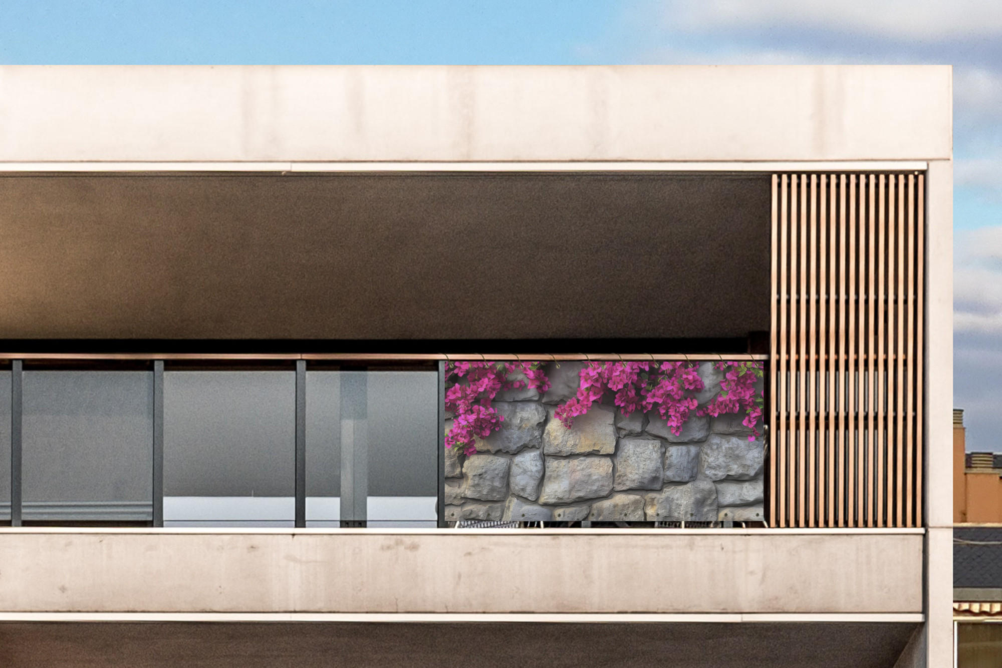 BALKON-SICHTSCHUTZ Bougainvillea - Steinmauer - Rosa - Magenta, Kunststoff (300/130cm) - MuchoWow