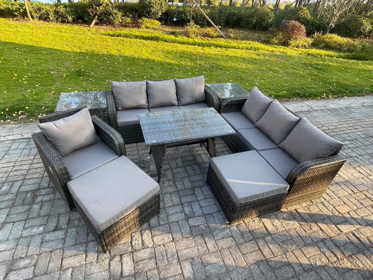 GARTENSET Hohe Rückenlehne Polyrattan 9-Sitzer - Dunkelgrau/Grau, Glas/Kunststoff - Fimous