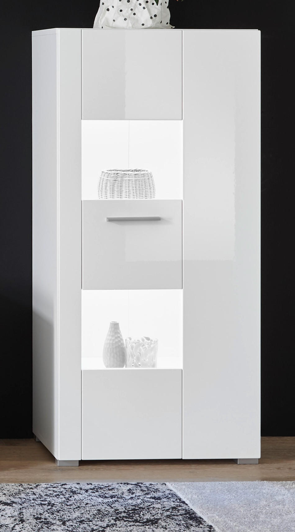 VITRINE weiß Hochglanz 58 x 123 cm, Vitrinenschrank mit wechselbarem Türanschlag - Chromfarben/Weiß Hochglanz, Glas/Holzwerkstoff (58/123/35cm) - Furn.Design