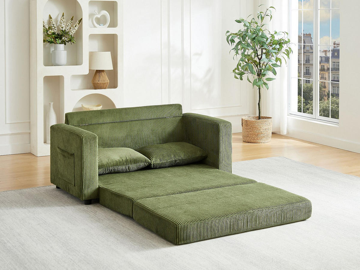 SCHLAFSOFA 2-Sitzer, Cord-Velours, Kaki-Grün - MIRTO - Grün, Textil (145/82/76cm) - Vente-Unique