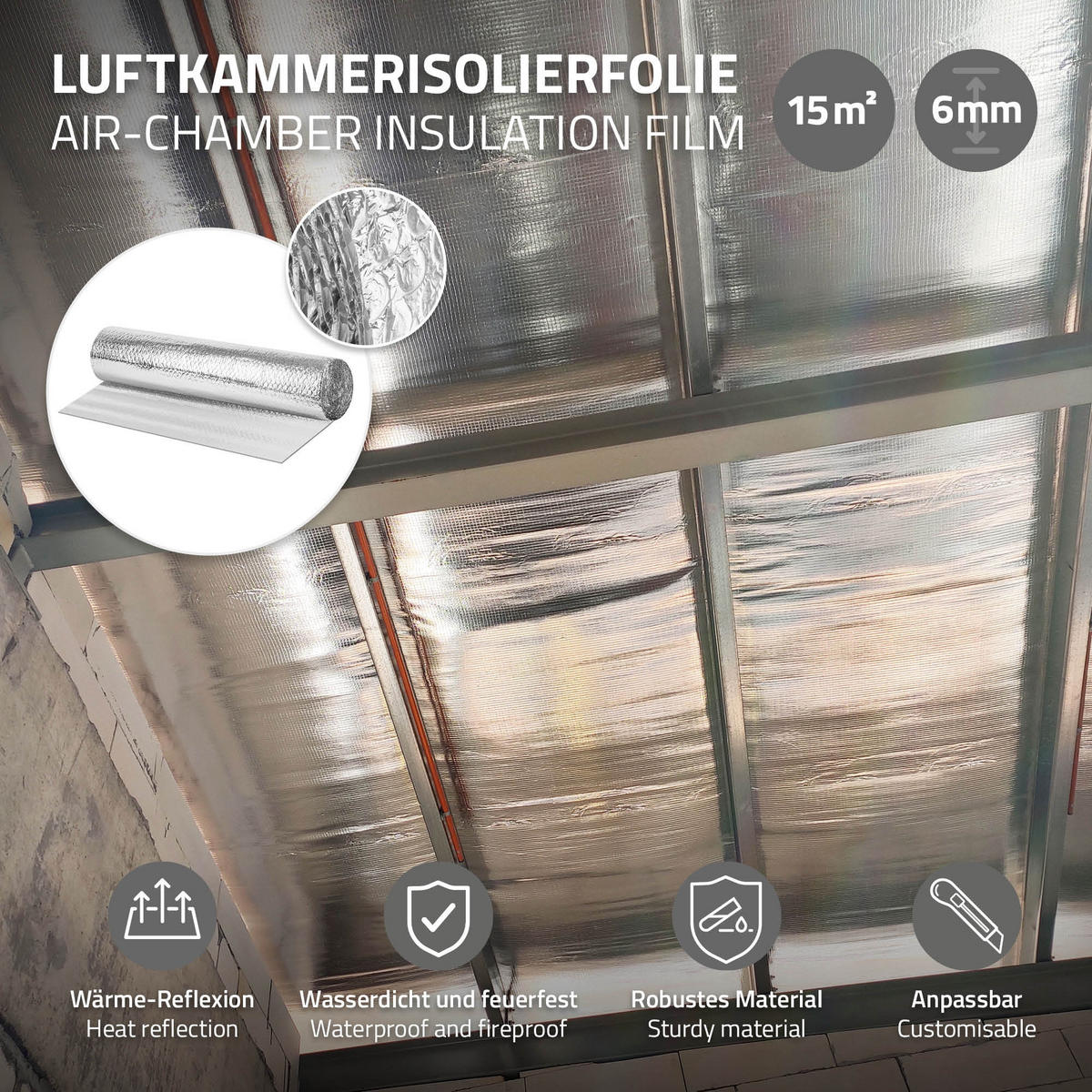 ISOLIERFOLIE 1 x 15 m für Wärmedämmung und Kälteschutz Doppelseitige Alu-Dämmfolie 6mm Dicke - Silberfarben, Kunststoff/Metall (100/0.6/1500cm) - ECD-Germany