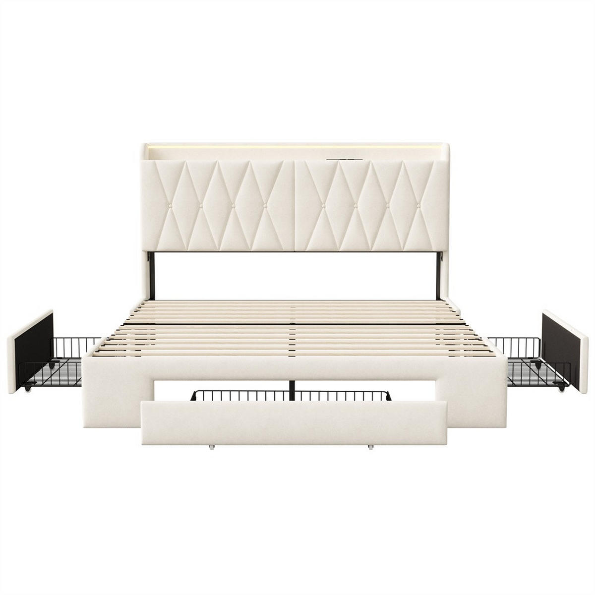 POLSTERBETT 160x200 cm mit aufklappbarem Stauraumkopfteil - 3 Schubladen und LED-Beleuchtung - ohne Matratze - Beige - Beige, Textil (160/200cm) - DELFA