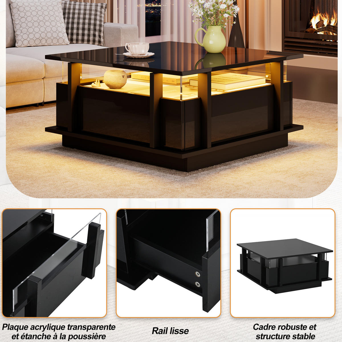 COUCHTISCH 70/70/35 cm Schwarz aus Holzwerkstoff mit LED-Beleuchtung und 2 Schubladen - Schwarz, Holzwerkstoff (70/70/35cm) - OKWISH