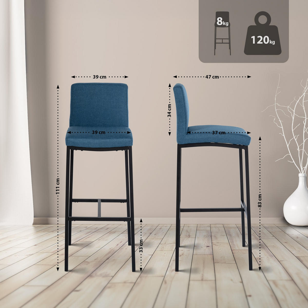 BARHOCKER Stoff Blau - Blau/Schwarz, Textil/Metall (43/111/47cm) - CLP