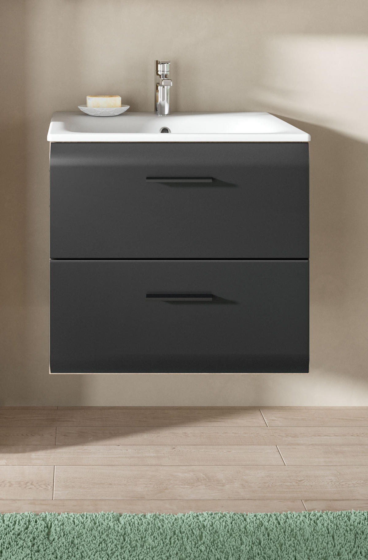 WASCHTISCH inkl. Waschbecken ICE (B/H/T: ca. 60/55/46 cm) in Nox Oak Nachbildung/schwarz matt - Eichefarben, Holzwerkstoff (60/55/46cm)