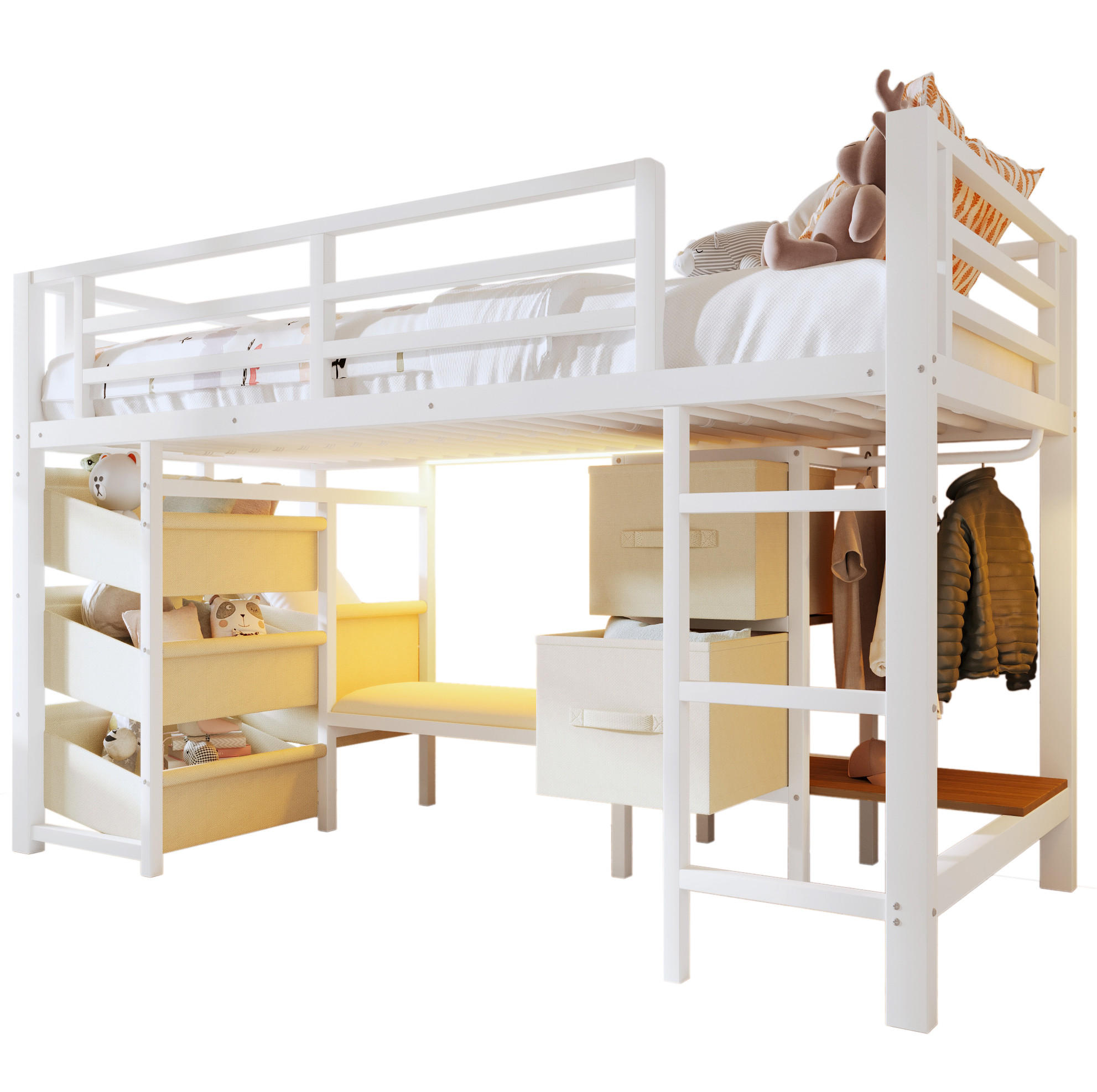 HALBHOHES Bett 90/200 cm mit LED-Beleuchtung, Sitzkissen, Stoffschublade und Hängebereich, Metall, Weiß - Weiß, Metall (90/200cm) - Redom