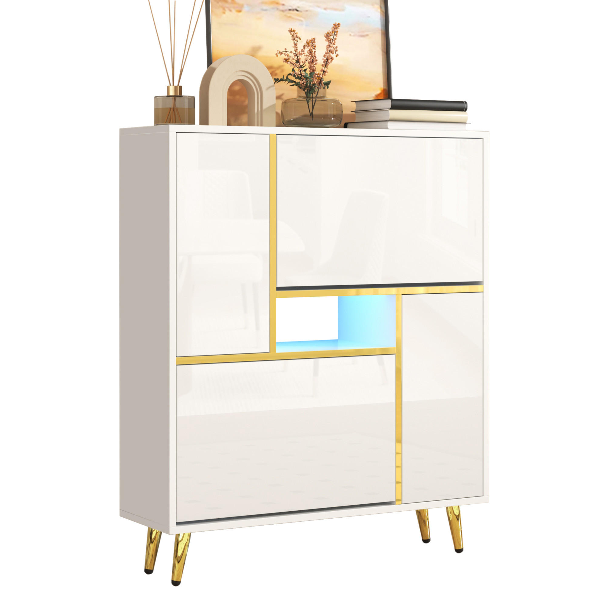 SCHUHSCHRANK aus Spanplatte 80x25x96cm in Weiß mit 16-farbigem LED-Licht - Weiß, Holzwerkstoff (80/96/25cm) - Modfu
