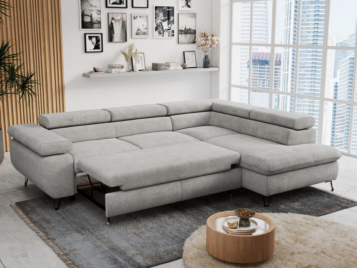 ECKSOFA PETER L Hellgrau Struktur - Rechts Seite - Hellgrau/Schwarz, Textil/Metall (273/208cm) - MKS