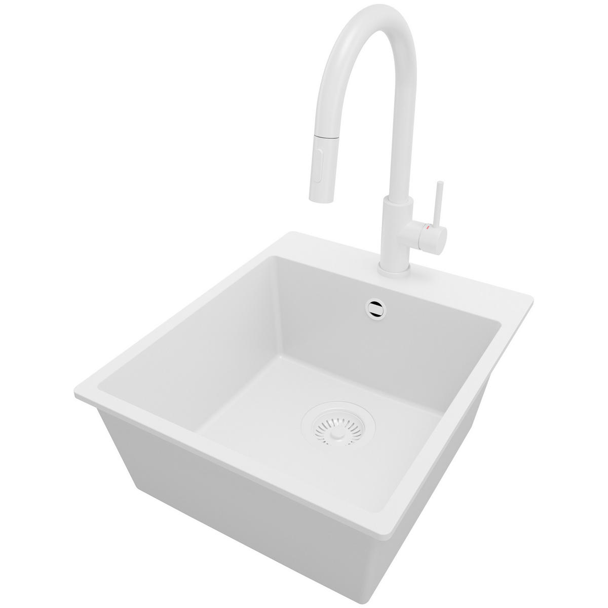 GRANITSPÜLE Riga, 2-er set Alles Weiß 43/50 cm 1 Becken + Küchenarmatur 40/20 cm + Ablauf-Set ab 45er Unterschrank - Weiß, Kunststoff (43/20/50cm) - Primagran