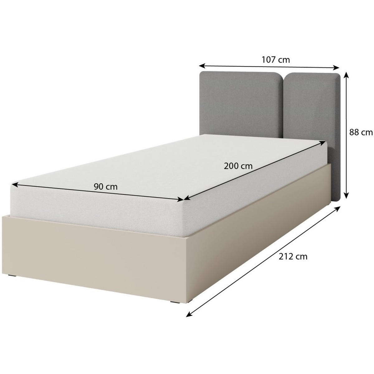 JUGENDBETT Lico mit Bettkasten, 90x200 cm, Sandbeige - Beige/Schwarz, Holzwerkstoff (90/200cm) - Beautysofa