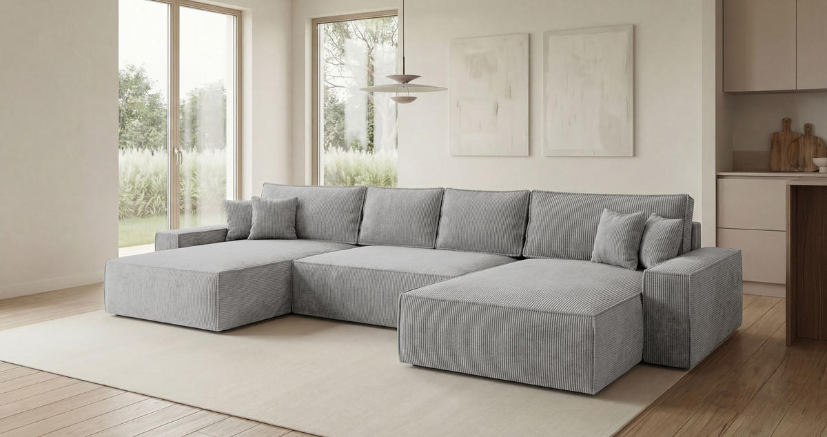 ECKSOFA CALIFORNIA U-Form grau Cord POSO 55 - Schlaffunktion, Bettkasten - Grau, Textil (385/185cm) - Cornero
