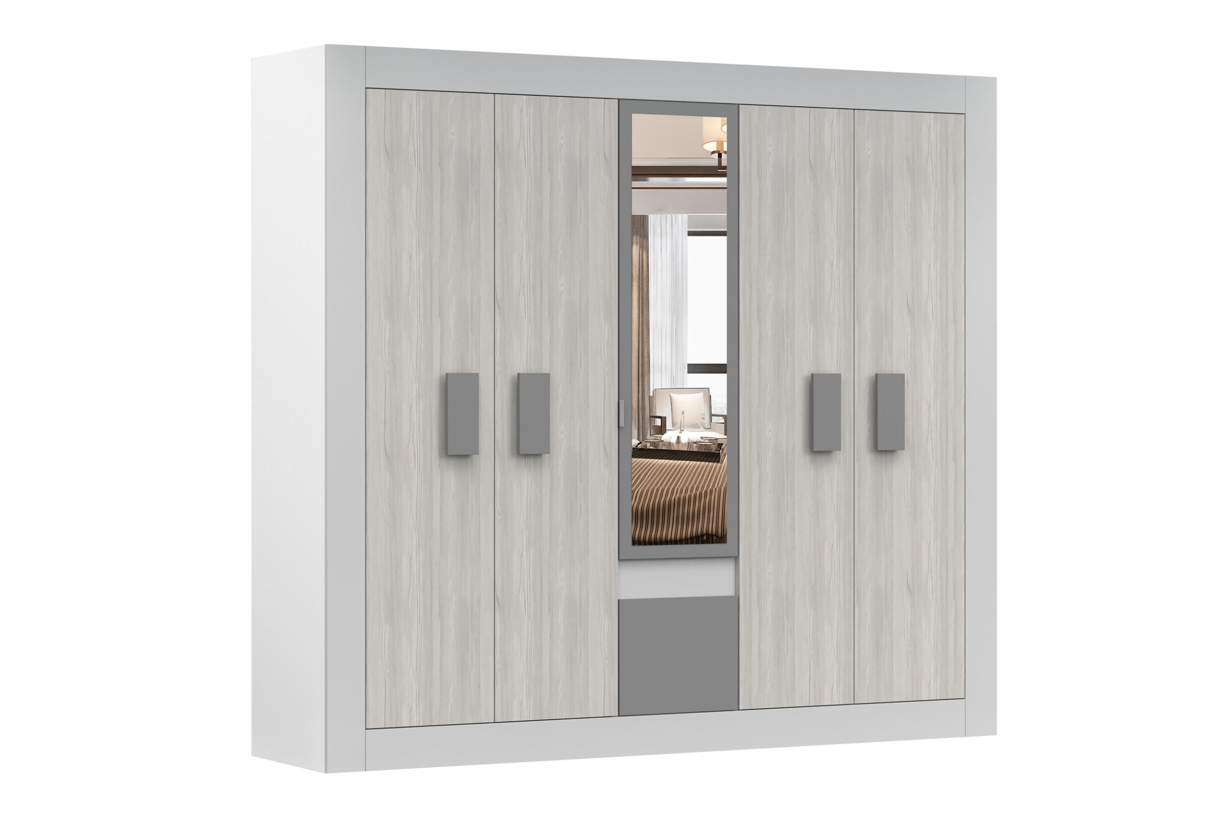 KLEIDERSCHRANK HEAVEN 5D 231/210/57 mit Spiegel in Weiß / Kathult / Grau - Eichefarben/Weiß, Holzwerkstoff (231/210/57cm) - Deine Möbel 24