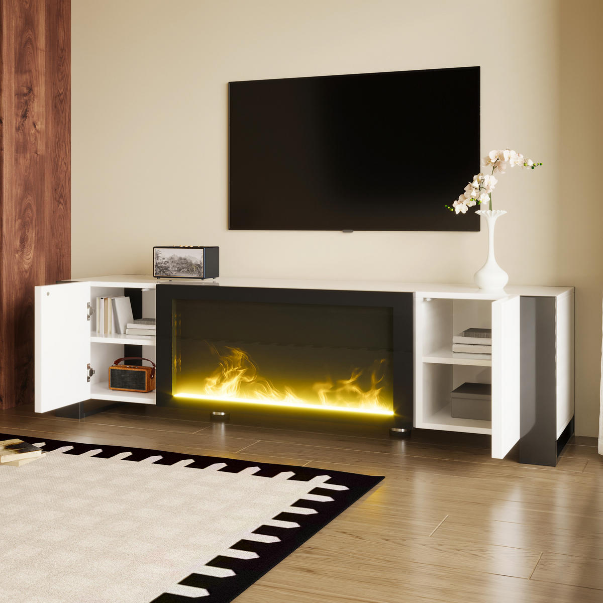 TV-ELEMENT165X55X32CM elektrischer Kamin Flammeneffekt Hochglanz Weiß-Schwarz - Weiß, Holz (54.99/21.21/104.5cm) - Raelunyi