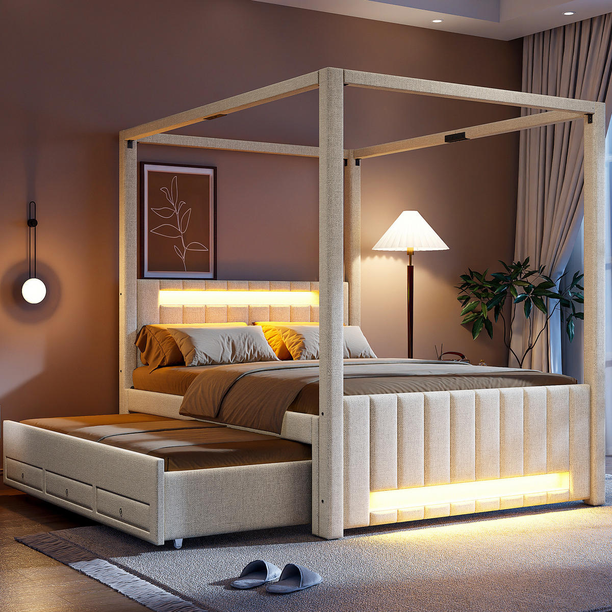 NEBESKÁ posteľ 140/200 cm béžová s výsuvným lôžkom, LED osvetlením a zásuvkami z MDF a ľanovej tkaniny - béžová, textil (140/200cm) - OKWISH