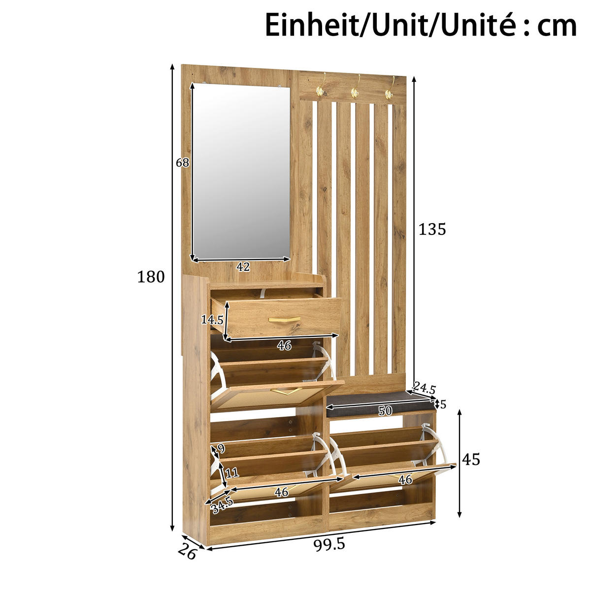 GARDEROBE Set mit Spiegel Sitzbank Schuhschrank Haken - Naturfarben, Holzwerkstoff (99.5/180/26cm) - FLIEKS