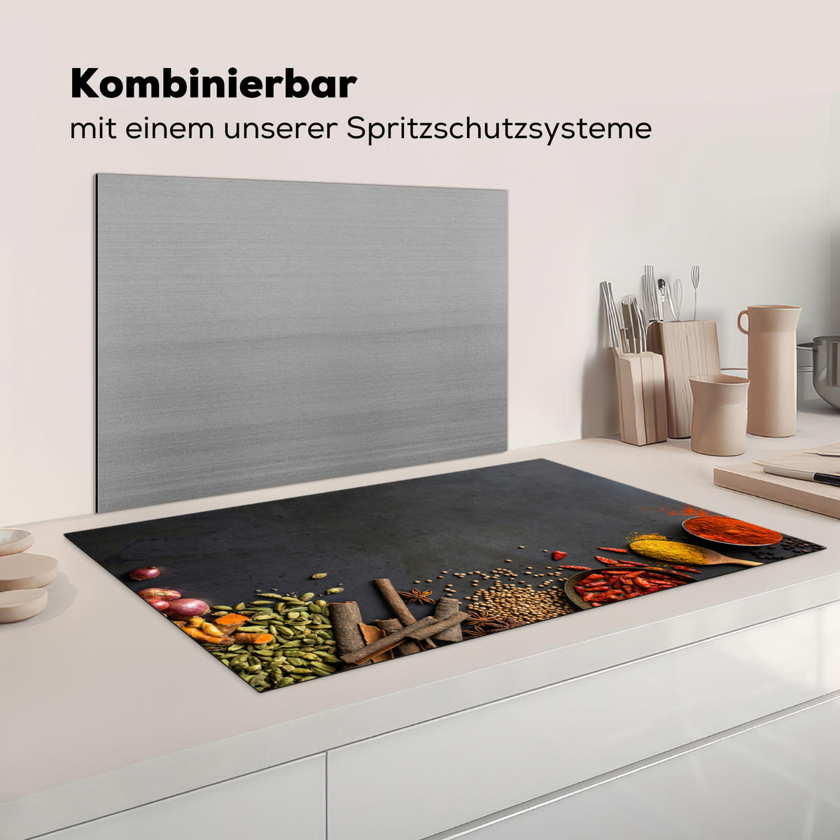 KRYT NA INDUKČNÍ DESKU Bylinky - Potraviny - Koření - Černá - Paprika - Skořice 89.6x51.6 cm - kari žlutá, plast (89.6/51.6/0.2cm) - MuchoWow