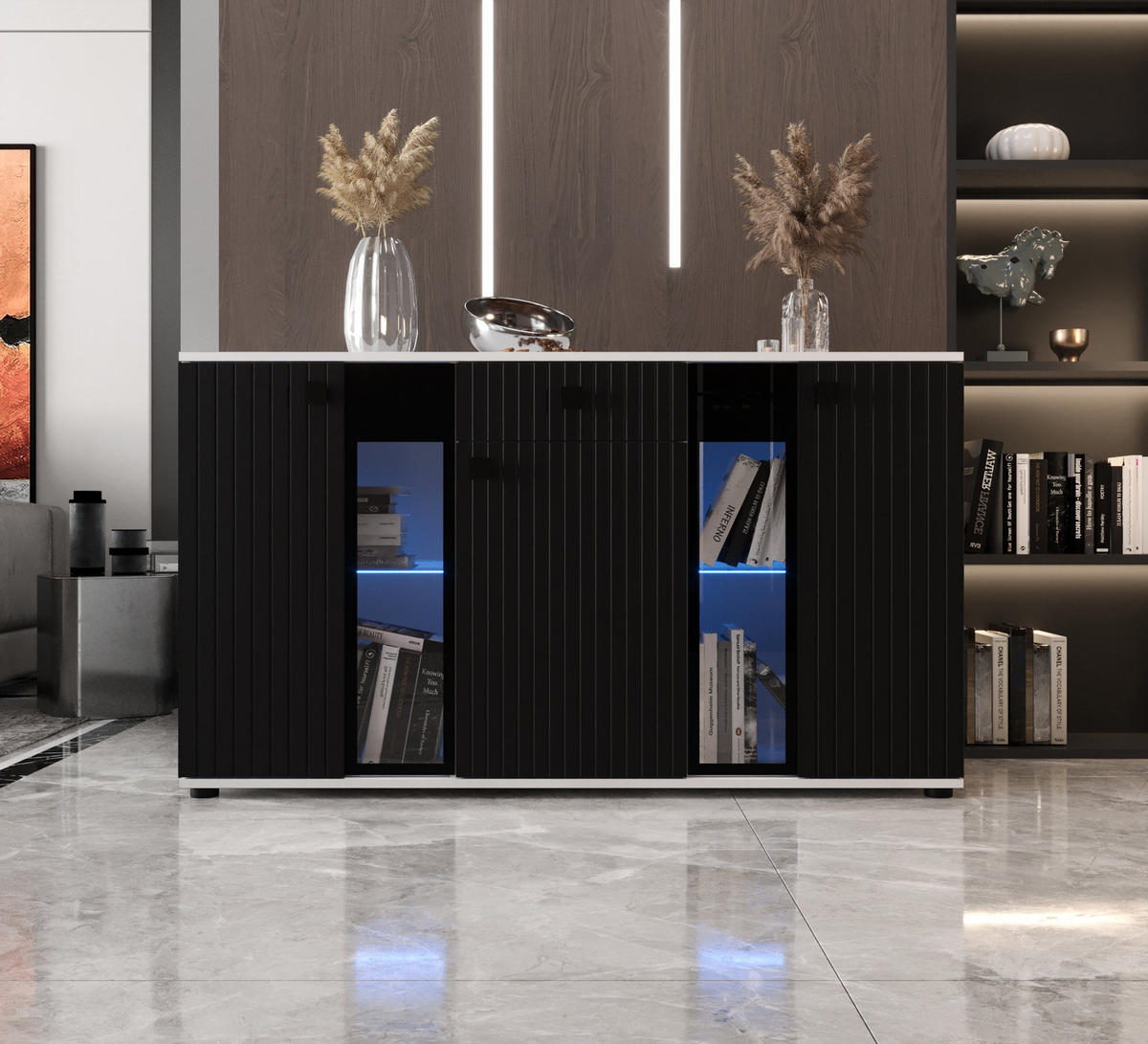 KOMMODE London LSMK LAMELE mit 3 Türen, Sideboard in Farbe: Schwarz|Weiß, Größe: 140 x 80 x 40 cm - Schwarz/Weiß, Holzwerkstoff (140/80/40cm) - O-Sofa
