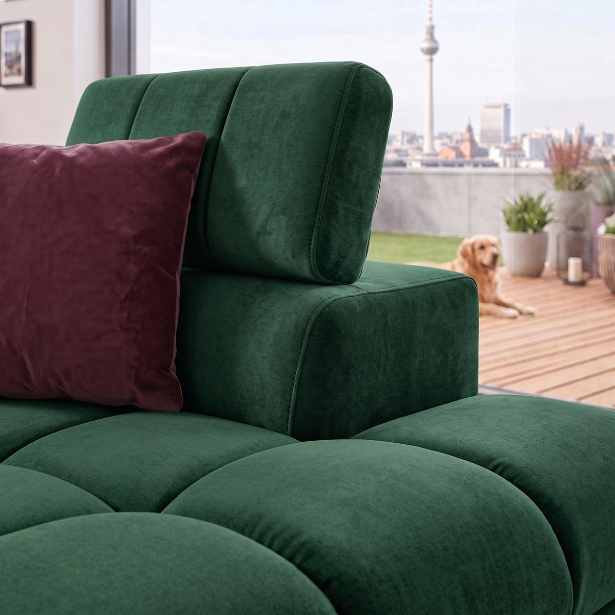 ECKSOFA PUDDING MAXI L Rechts mit Schlaffunktion 125x195 Velours Grün - Schwarz/Grün, Holz/Textil (350/203cm) - Muffo
