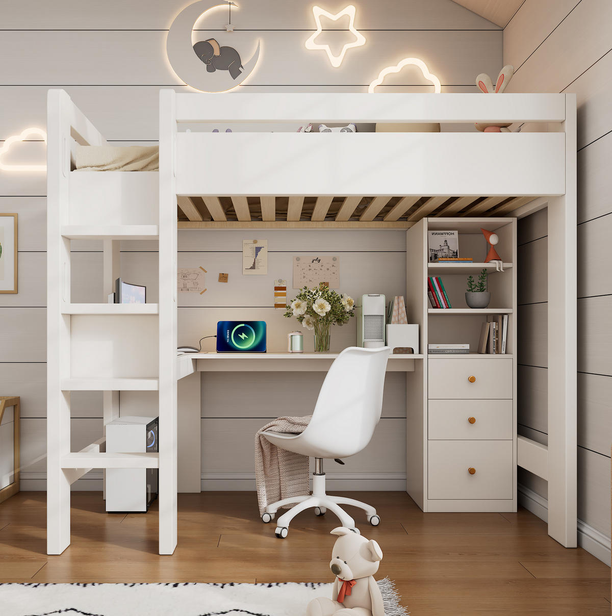 HOCHBETT 90/200 cm Weiß mit L-förmigem Schreibtisch und USB- und Type-C-Anschlüssen - Weiß, Holzwerkstoff (90/200cm) - OKWISH
