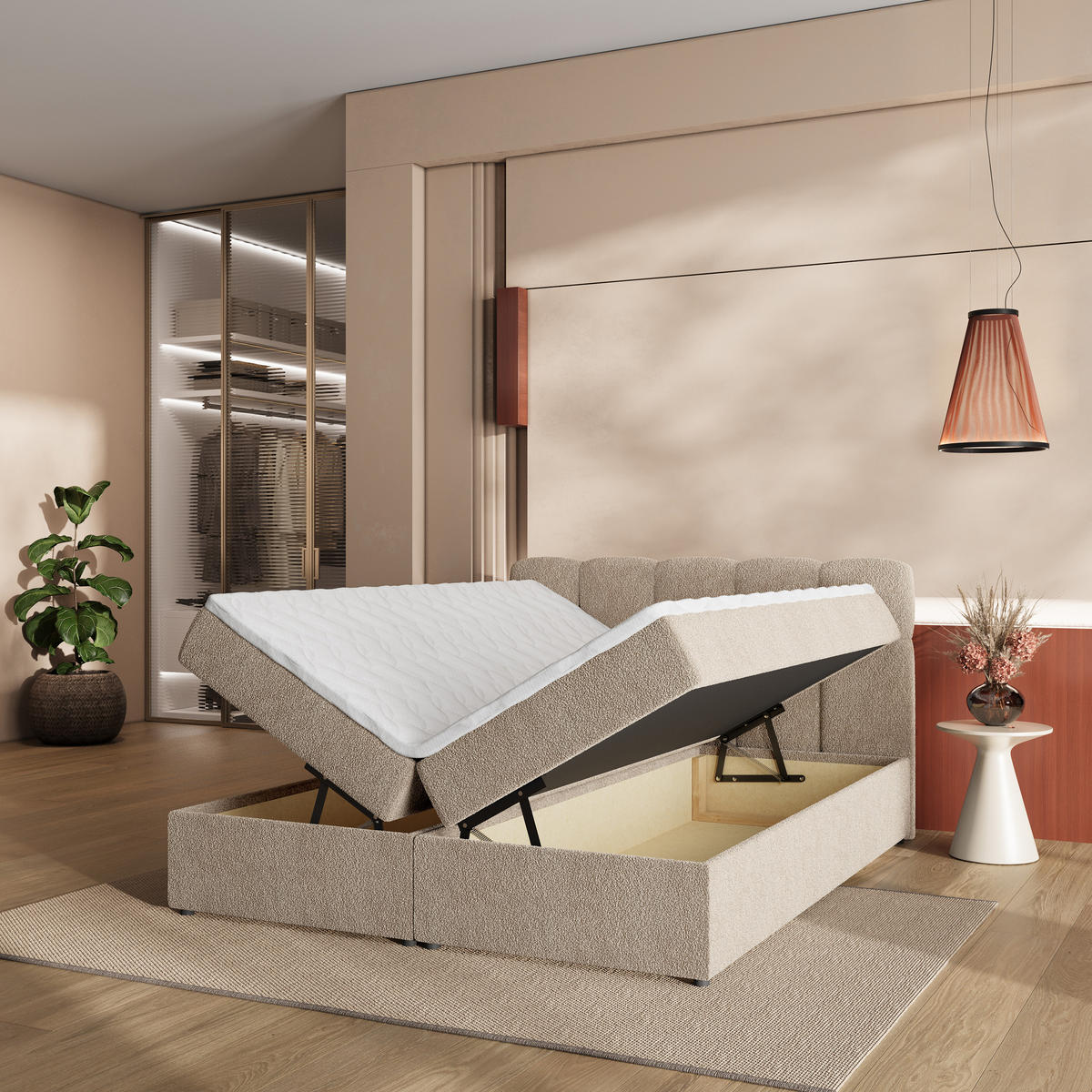 BOXBETT MERU 160x200 cm mit Matratze und Topper - Beige - Beige, Holz (160/200cm) - MASSENO
